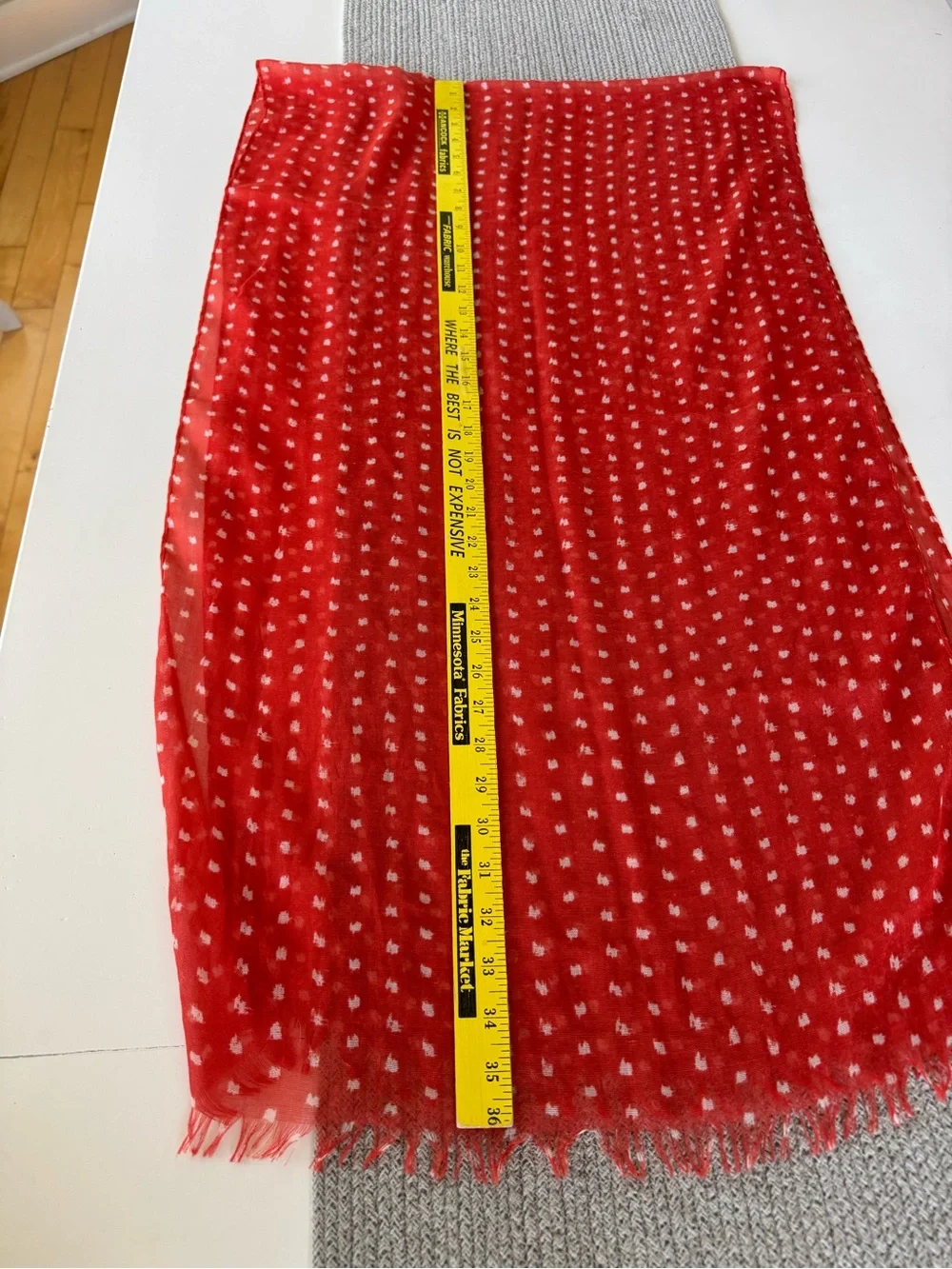 J. Crew Coral Red White Polka Dot Lightweight Rectangle Scarf with Fringe